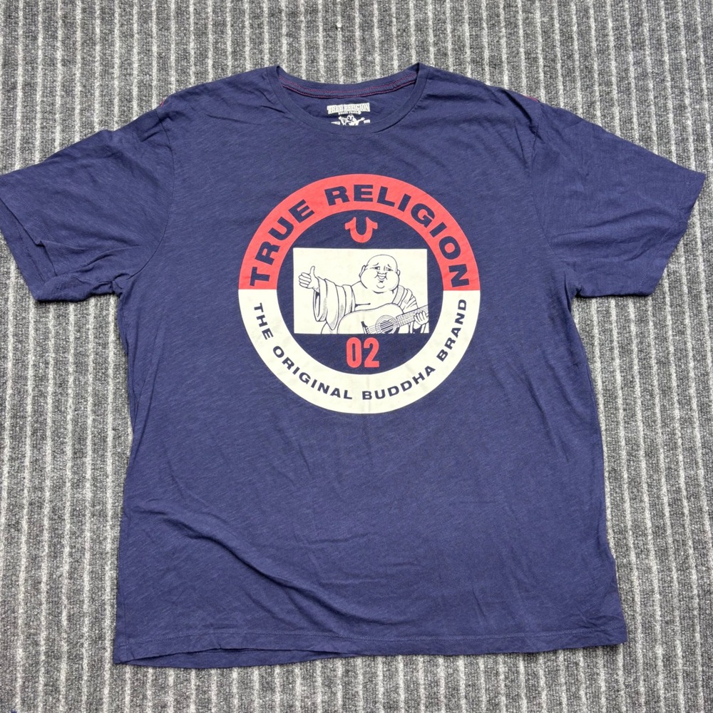 True Religion Mens Graphic T-Shirt XXL Blue Buddha Logo Slub Cotton Tee